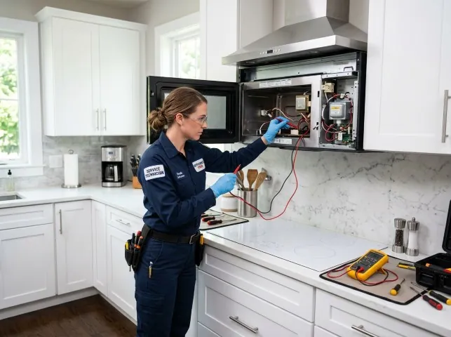 Appliance Repair Hero technician testing an over-the-range microwave in a Aquebogue, NY kitchen